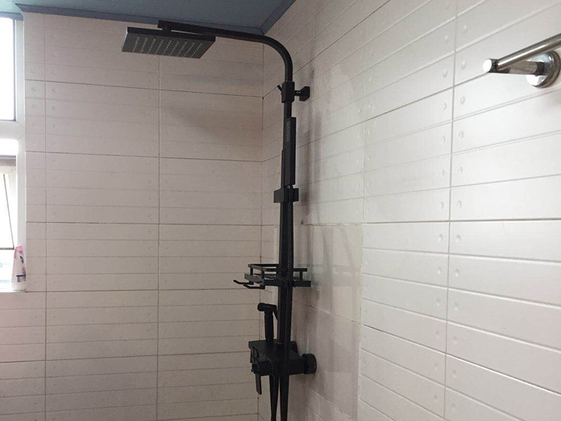 浴室花灑安裝：取出彎頭，細的那端纏上生料帶(10圈以上)，彎頭安裝到位后，安裝彎頭裝飾蓋，旋轉(zhuǎn)到位。取出閥門，切記要在進水孔內(nèi)分別安裝防漏橡膠墊片。測試花灑閥門是否安裝正確。安裝連接桿(記得先把手持噴頭架安裝至連接桿上)。安裝連桿固定架。