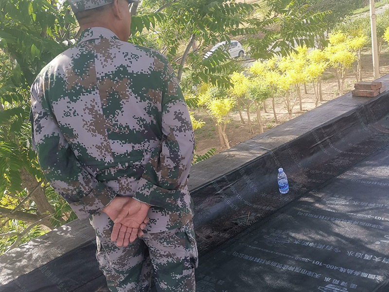 屋頂防水卷材鋪貼:清除基層表面雜物、油污、砂子，凸出表面的石子、砂漿疙瘩等應(yīng)清理干凈，清掃工作必須在施工中隨時進行，并修補平整表面。尤其鏟除排水口、煙囪、管壁上的水泥砂漿等附著物；根據(jù)施工現(xiàn)場狀況，進行合理定位，確定卷材鋪貼方向，在基層上彈好卷材控制線，依循流水方向從低往高進行卷材試鋪。卷材試鋪后，先將要鋪貼的卷材剪好，反鋪于基面上(即是底部隔離紙朝上)，撕剝?nèi)ゾ聿母綦x紙。撕剝時，已剝開的隔離紙宜與粘結(jié)面保持45～60度的銳角，防止拉斷隔離紙，盡量保持在自然松弛狀態(tài)，但不要有皺折。